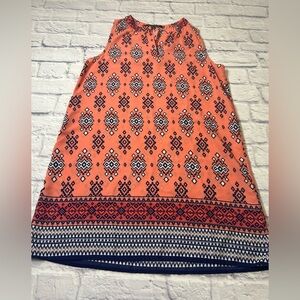 Sweet Rain Coral and Navy Patterned Sleeveless Fall Dress. Size Medium.